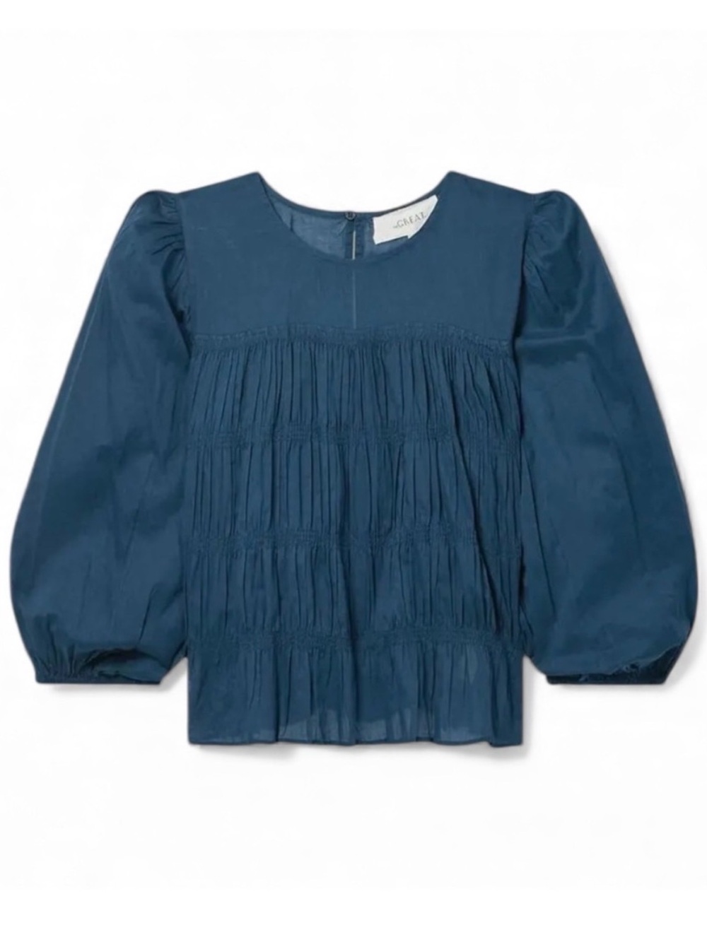 THE GREAT. Navy Gauze Smocked Long-Sleeve Blouse - Picture 1 of 5